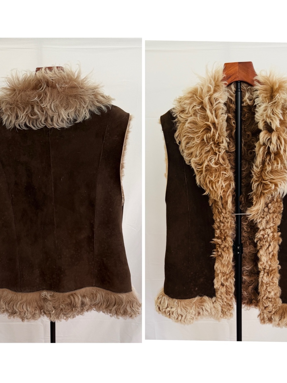 Brown Shearling Trim Suede Vest - Women